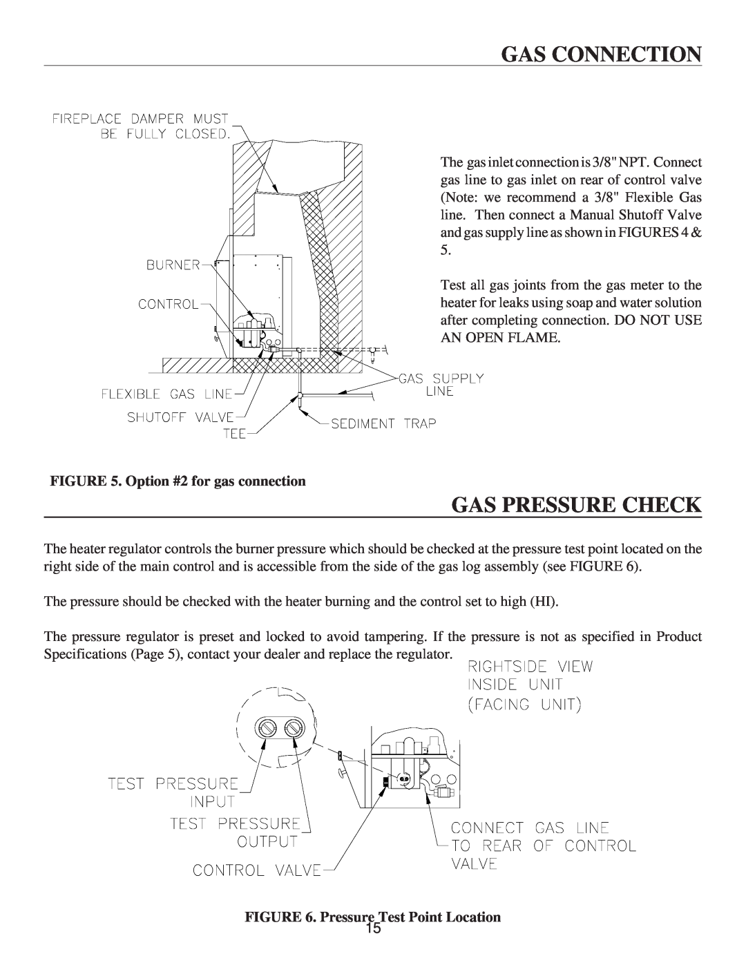 United States Stove VF30IL Gas Pressure Check, Gas Connection, Option #2 for gas connection, Pressure Test Point Location 