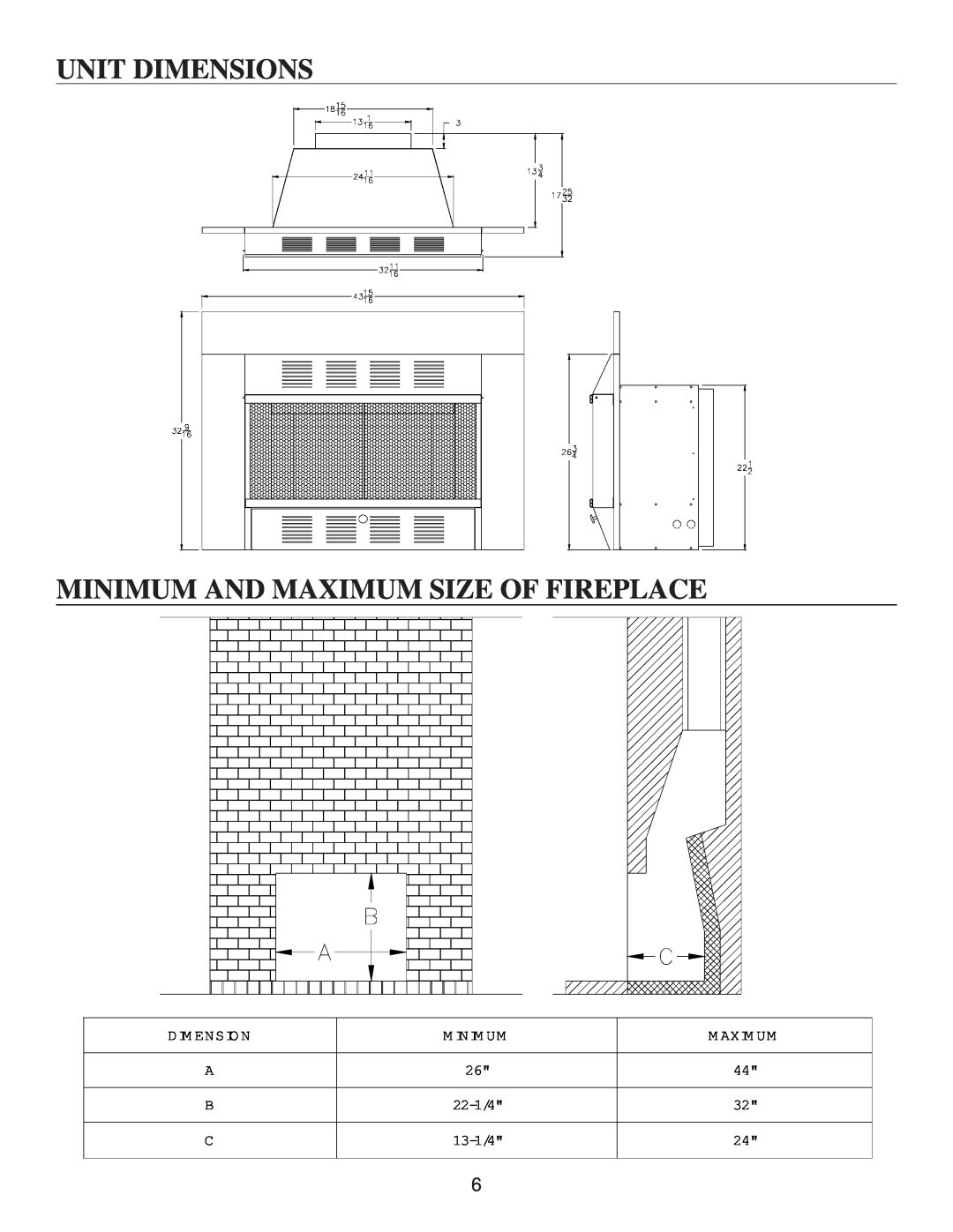 United States Stove VF30IN manual Unit Dimensions, Minimum And Maximum Size Of Fireplace, Dim Ensio N, M Inim Um, M Axim Um 