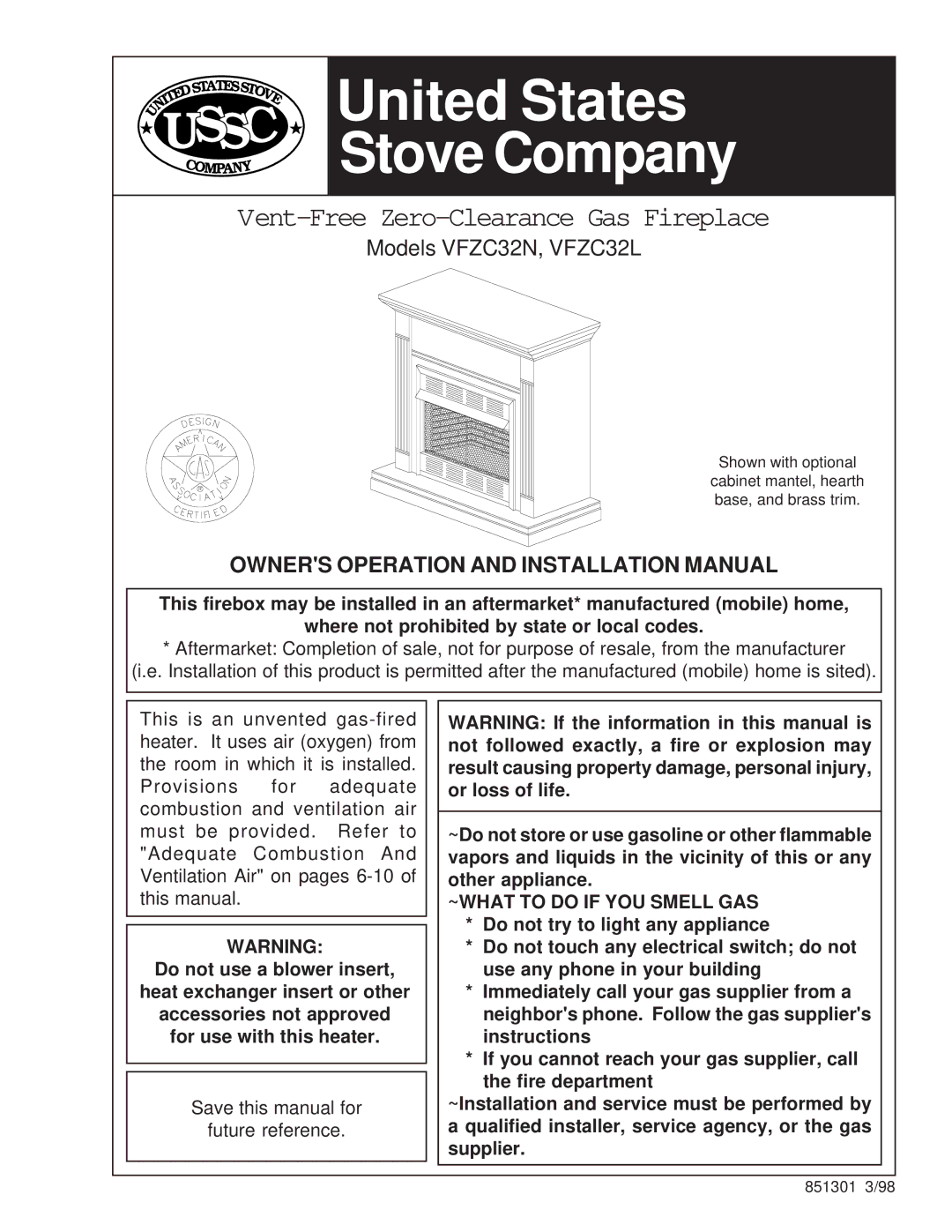 United States Stove VFZC32L installation manual Owners Operation and Installation Manual, ~WHAT to do if YOU Smell GAS 