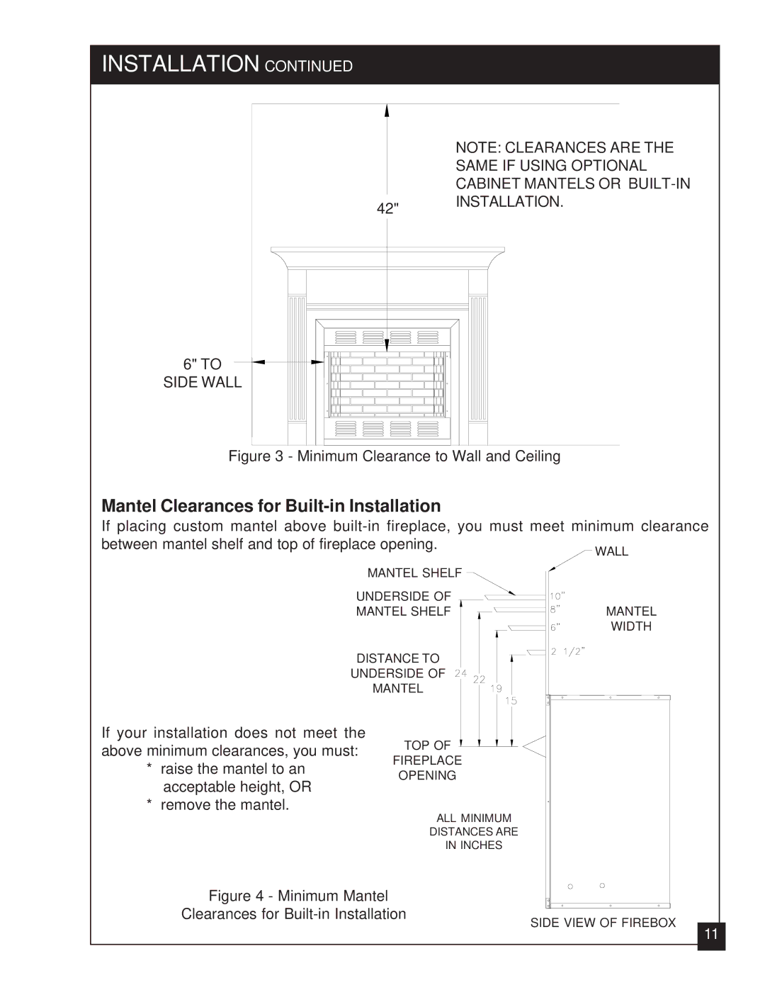 United States Stove VFZC32L, VFZC32N Mantel Clearances for Built-in Installation, Minimum Clearance to Wall and Ceiling 