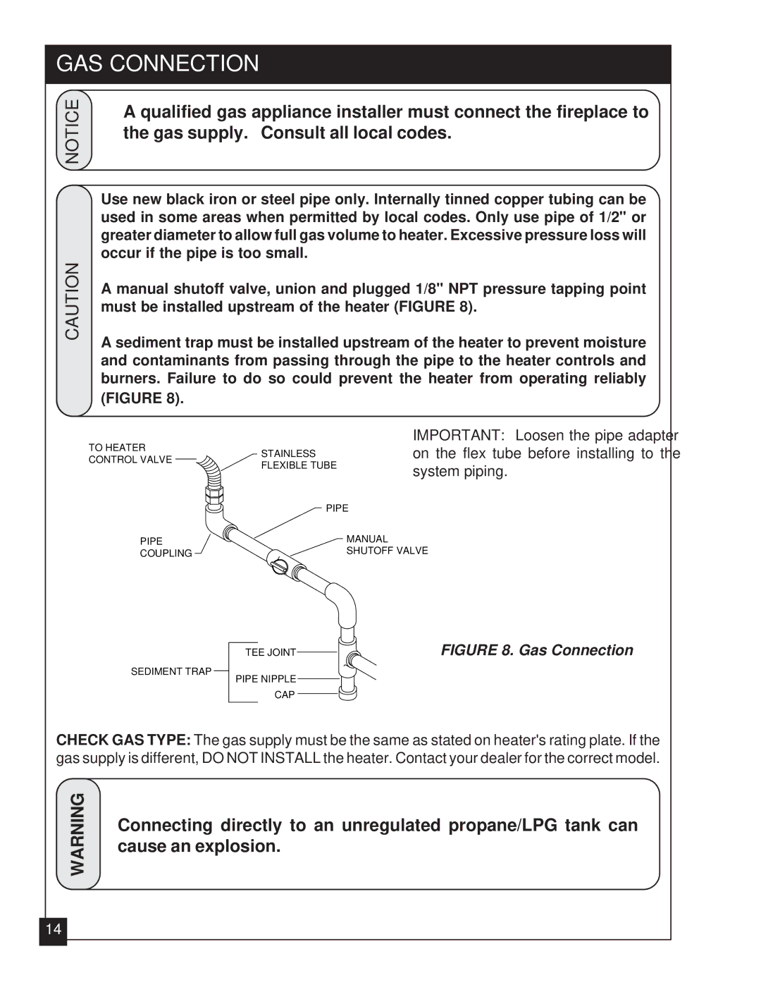 United States Stove VFZC32N, VFZC32L installation manual GAS Connection, Gas Connection 