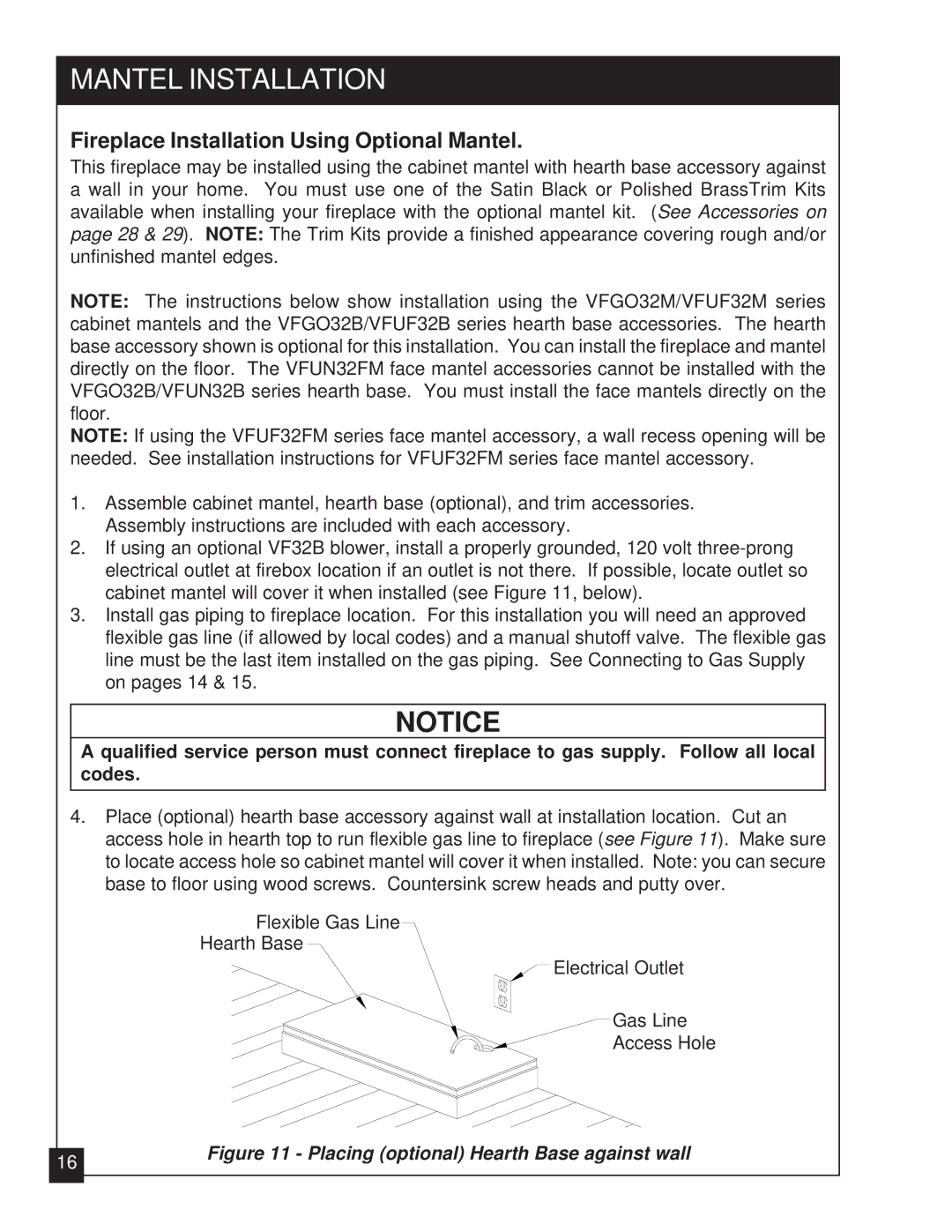 United States Stove VFZC32N, VFZC32L installation manual Mantel Installation, Fireplace Installation Using Optional Mantel 