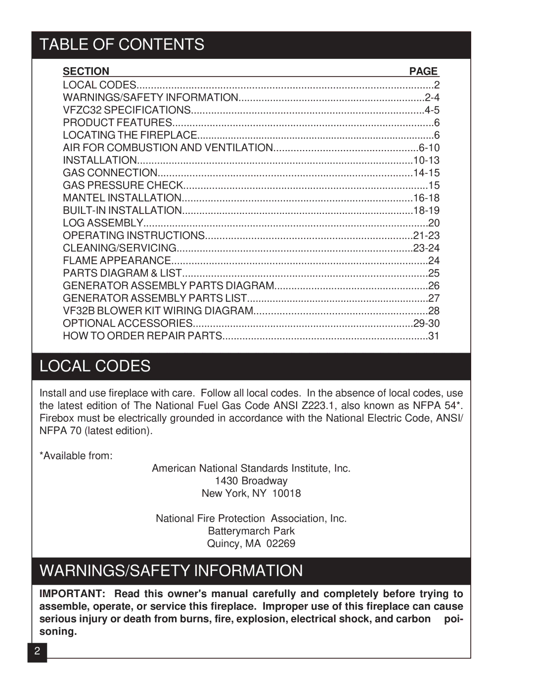 United States Stove VFZC32N, VFZC32L installation manual Table of Contents, Local Codes 