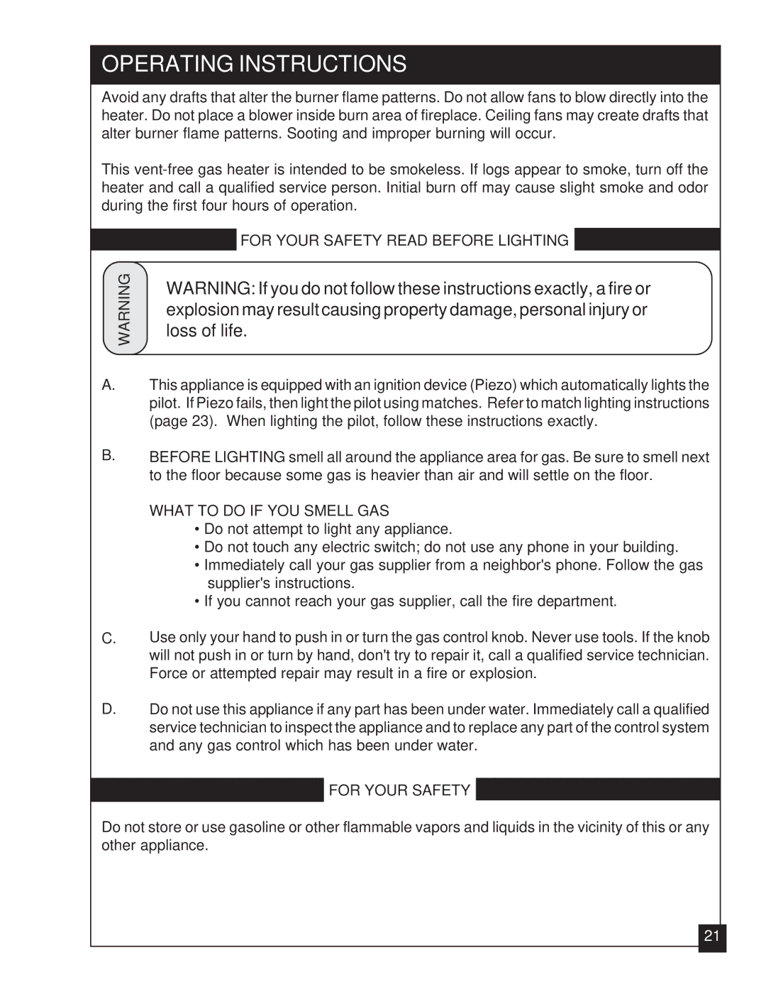 United States Stove VFZC32L Operating Instructions, For Your Safety Read Before Lighting, What to do if YOU Smell GAS 