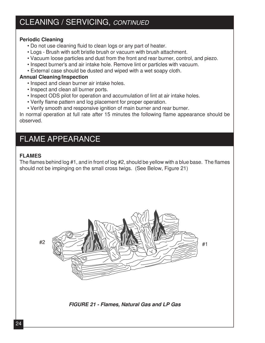 United States Stove VFZC32N, VFZC32L Flame Appearance, Periodic Cleaning, Annual Cleaning/Inspection, Flames 