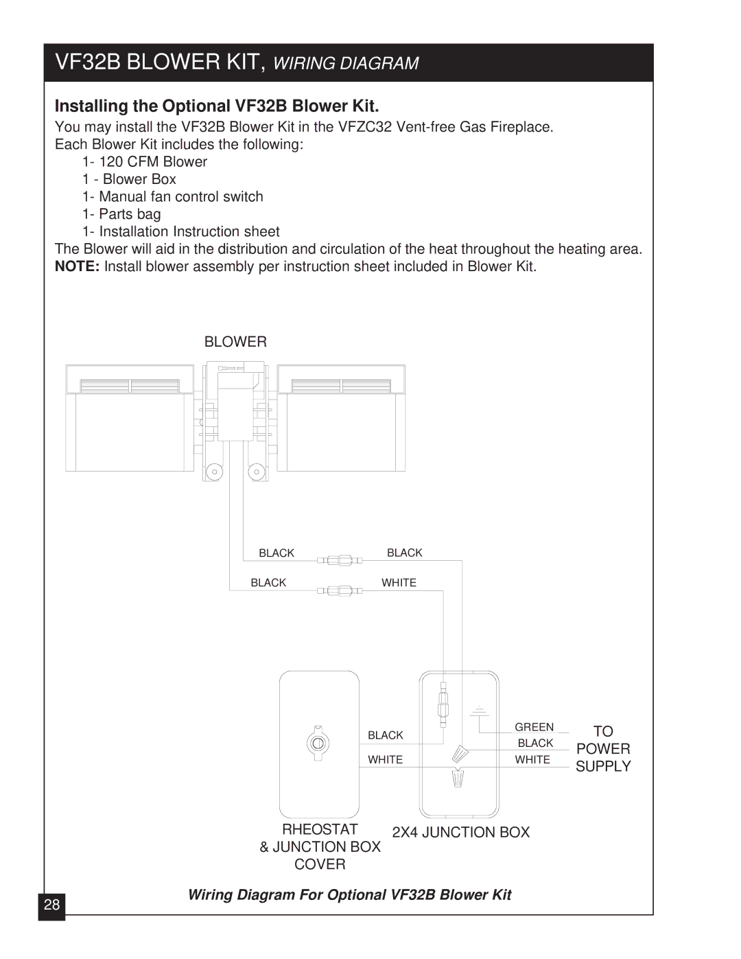 United States Stove VFZC32N, VFZC32L VF32B Blower KIT, Wiring Diagram, Installing the Optional VF32B Blower Kit 