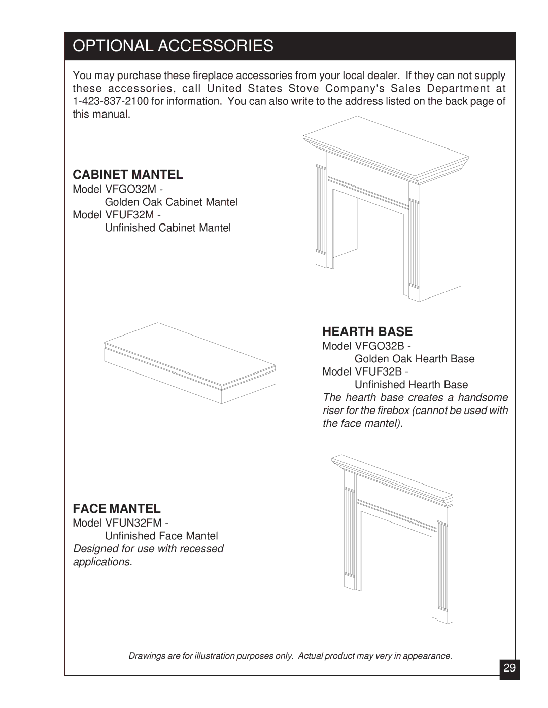 United States Stove VFZC32L, VFZC32N installation manual Optional Accessories, Cabinet Mantel, Hearth Base, Face Mantel 