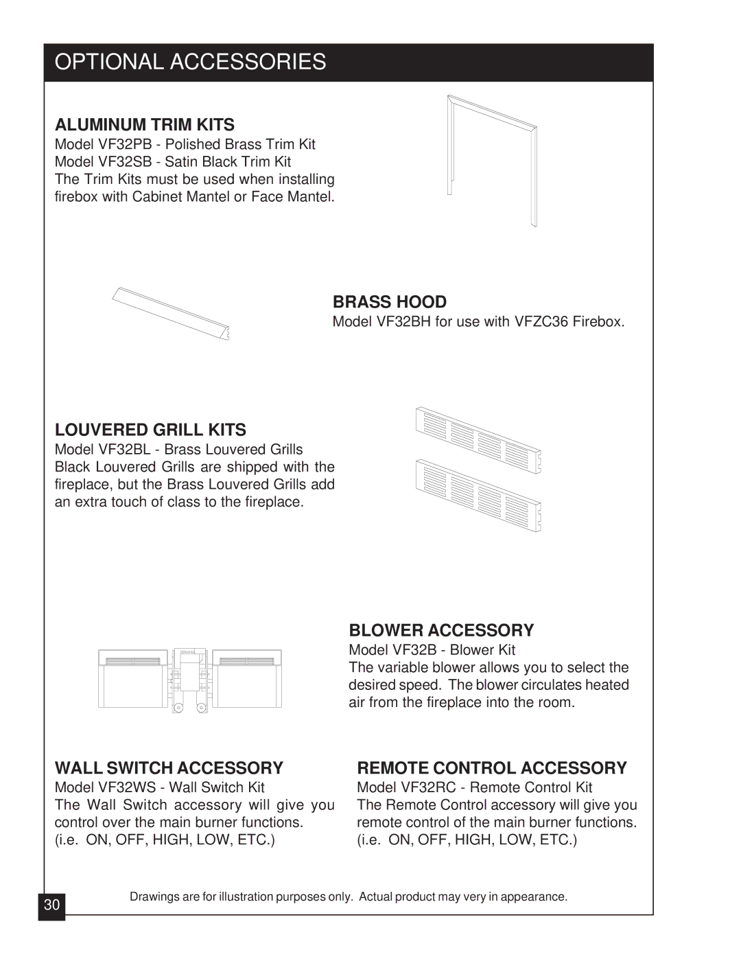 United States Stove VFZC32N Aluminum Trim Kits, Brass Hood, Louvered Grill Kits, Blower Accessory, Wall Switch Accessory 