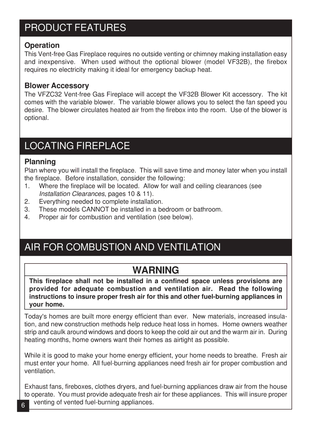 United States Stove VFZC32N, VFZC32L Product Features, Locating Fireplace, AIR for Combustion and Ventilation 