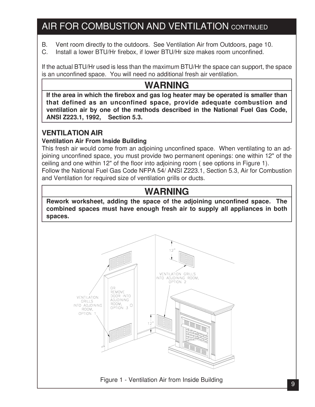 United States Stove VFZC32L, VFZC32N installation manual Ventilation AIR, Ventilation Air From Inside Building 