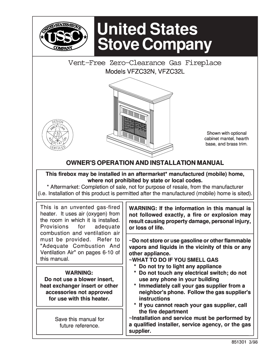 United States Stove installation manual Models VFZC32N, VFZC32L, Owners Operation And Installation Manual, Ussc, Ompan 