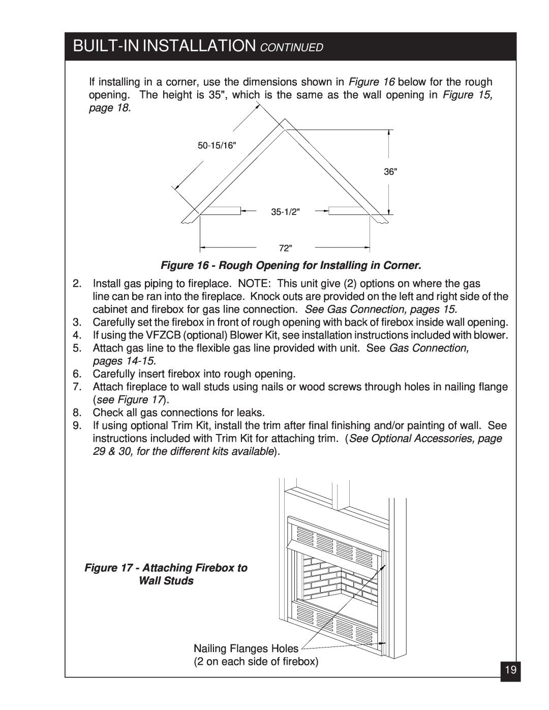 United States Stove VFZC32L, VFZC32N installation manual Built-Ininstallation Continued, Attaching Firebox to Wall Studs 