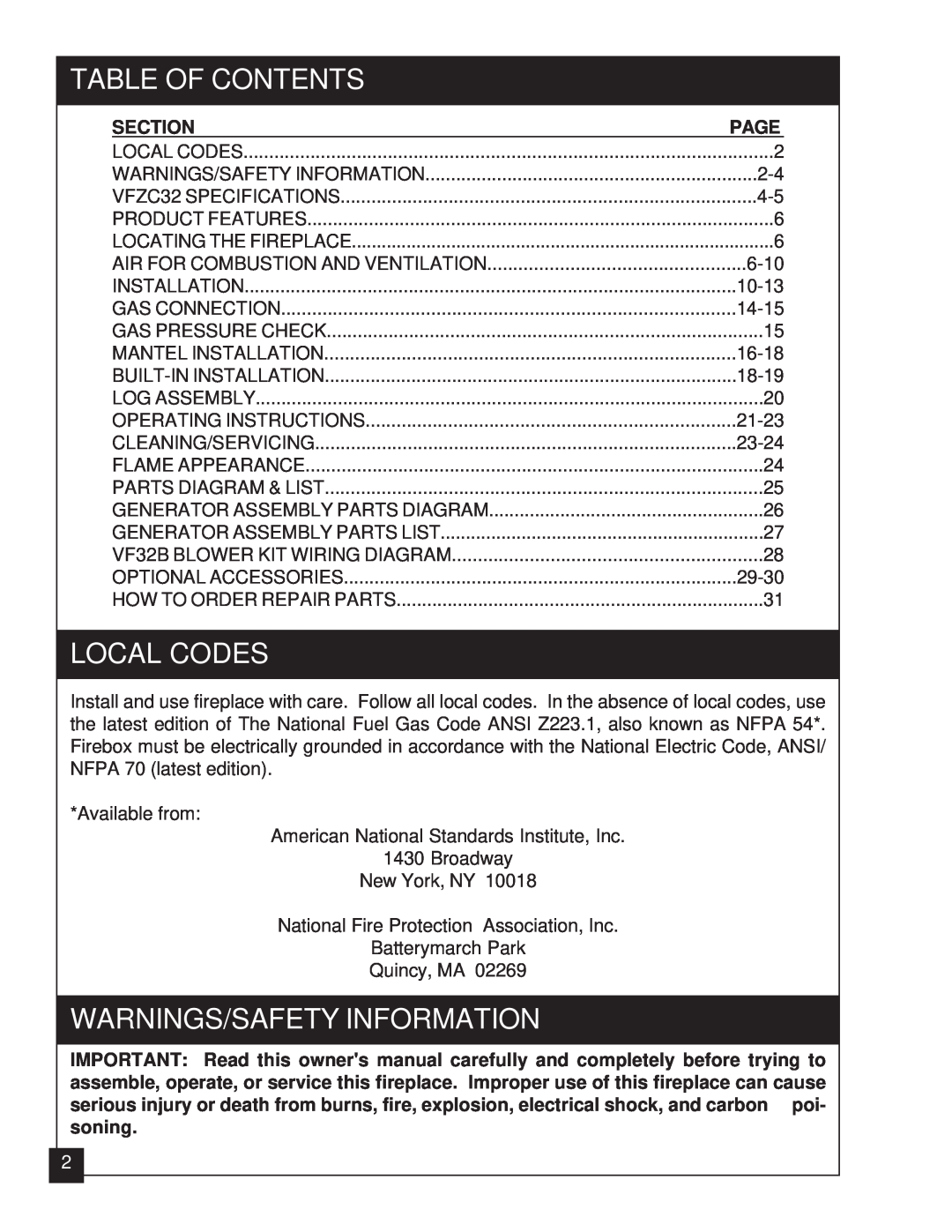 United States Stove VFZC32N, VFZC32L Table Of Contents, Local Codes, Warnings/Safety Information, Section 