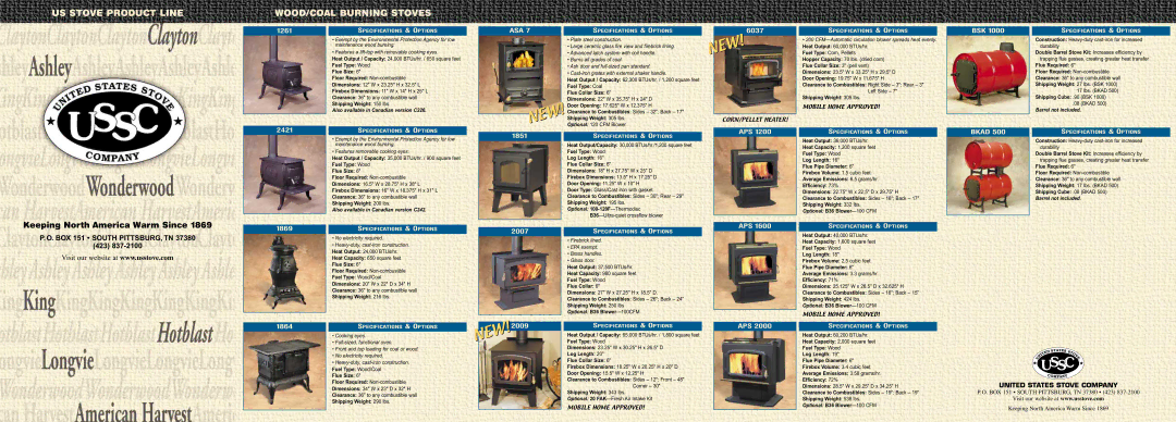 United States Stove Wood Stove specifications 1261, 6037, Bsk, 2421, Aps, Bkad, 1869 1864, 2007 