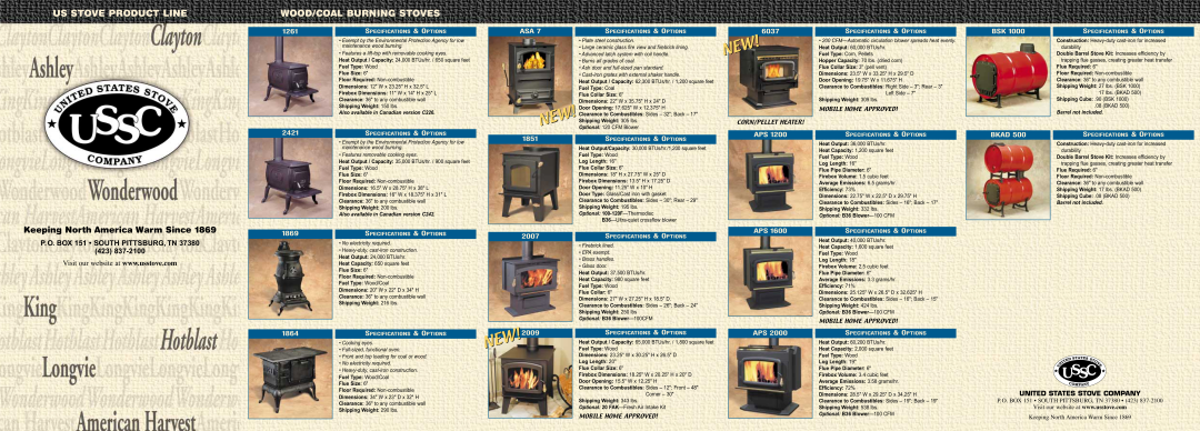 United States Stove Wood Stove specifications Us Stove Product Line, Wood/Coal Burning Stoves, 1261, 6037, 2421, 1851 