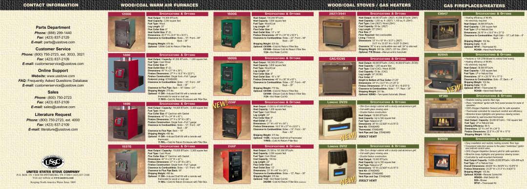 United States Stove Wood Stove Contact Information, Wood/Coal Warm Air Furnaces, Wood/Coal Stoves / Gas Heaters, Sales 