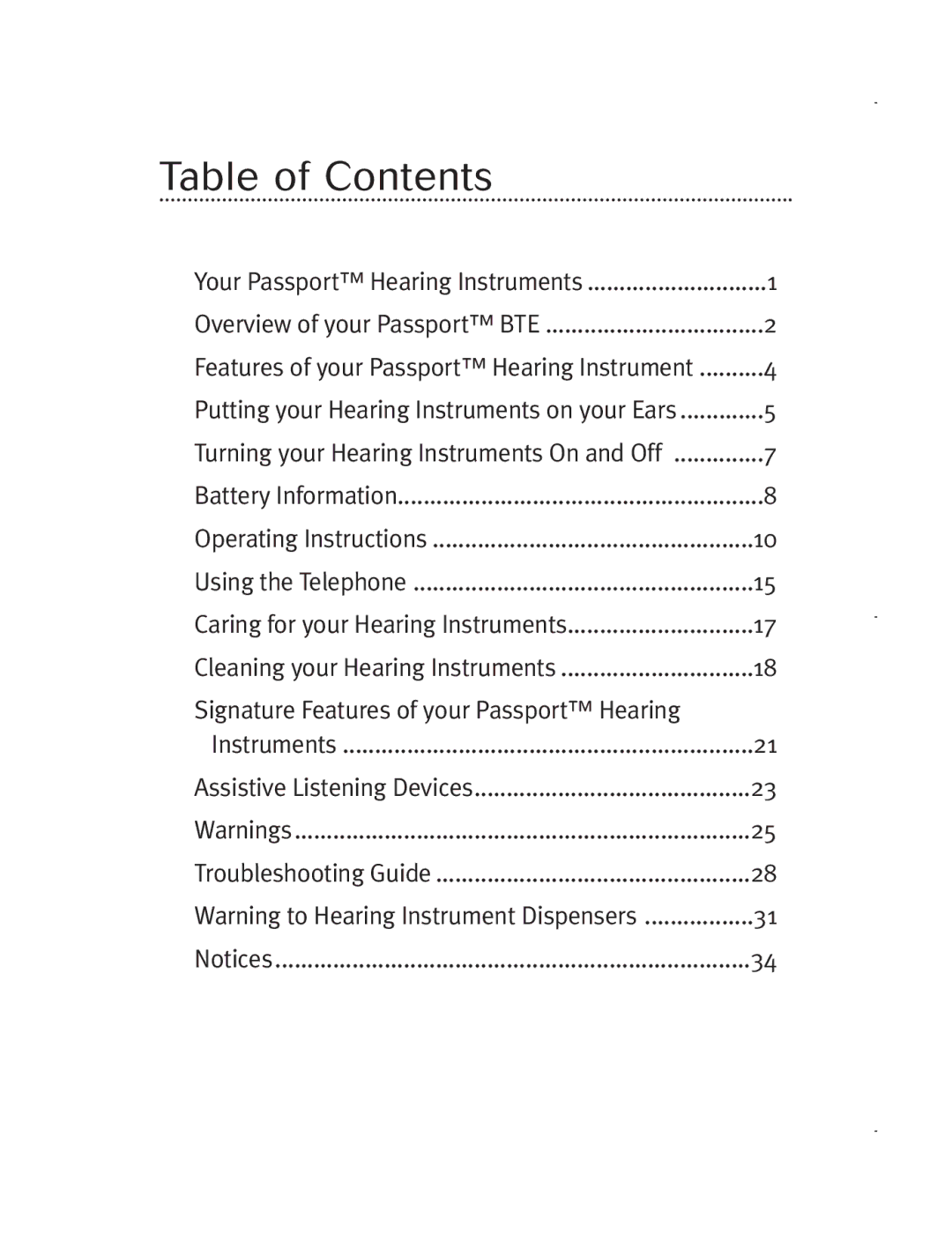 Unitron Hearing Aid 5729-02 manual Table of Contents 