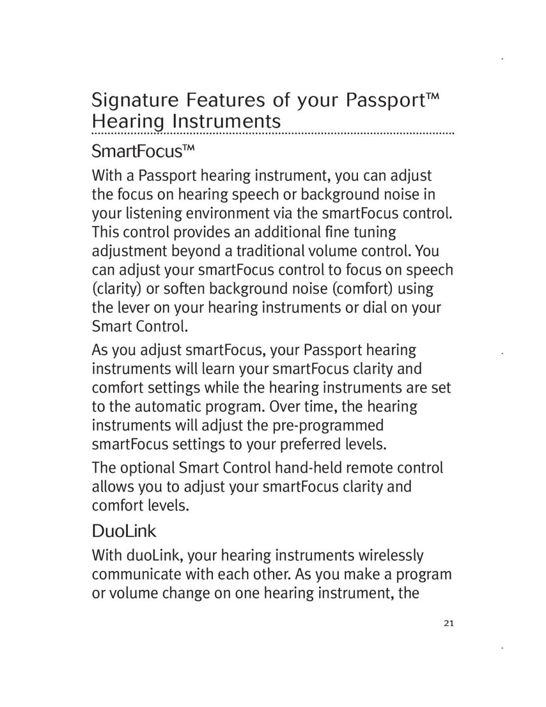 Unitron Hearing Aid 5729-02 manual Signature Features of your Passport Hearing Instruments, SmartFocus, DuoLink 