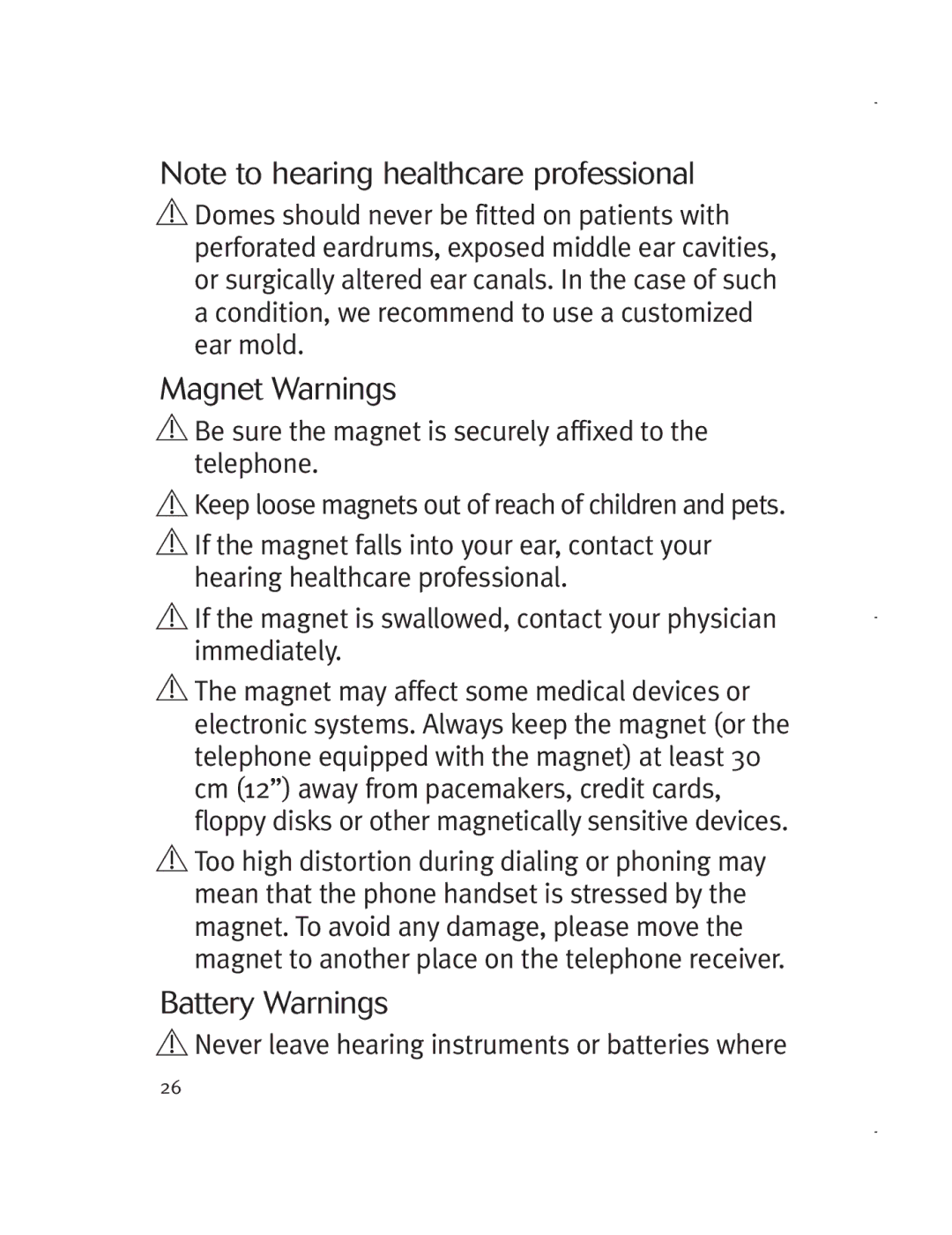 Unitron Hearing Aid 5729-02 manual Magnet Warnings, Battery Warnings 