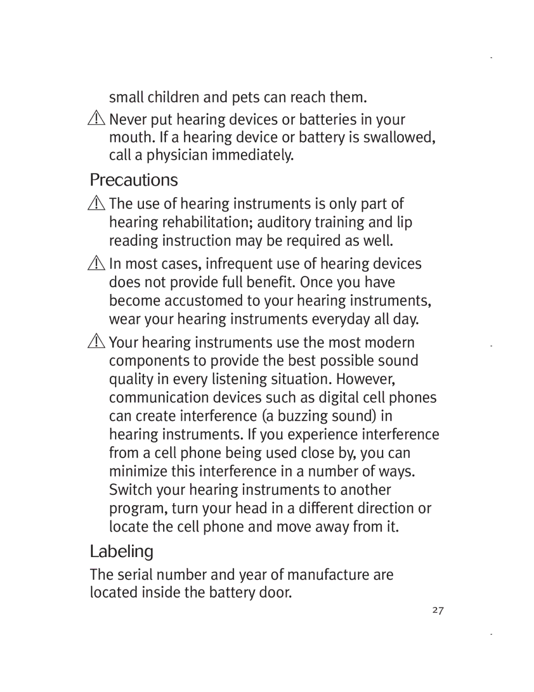 Unitron Hearing Aid 5729-02 manual Precautions, Labeling 