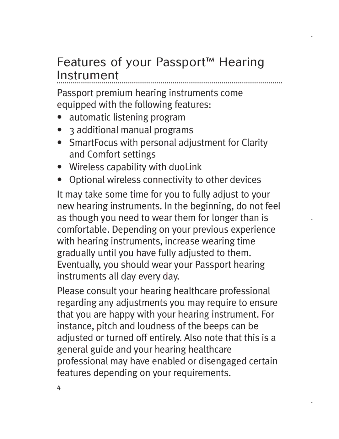 Unitron Hearing Aid 5729-02 manual Features of your Passport Hearing Instrument 