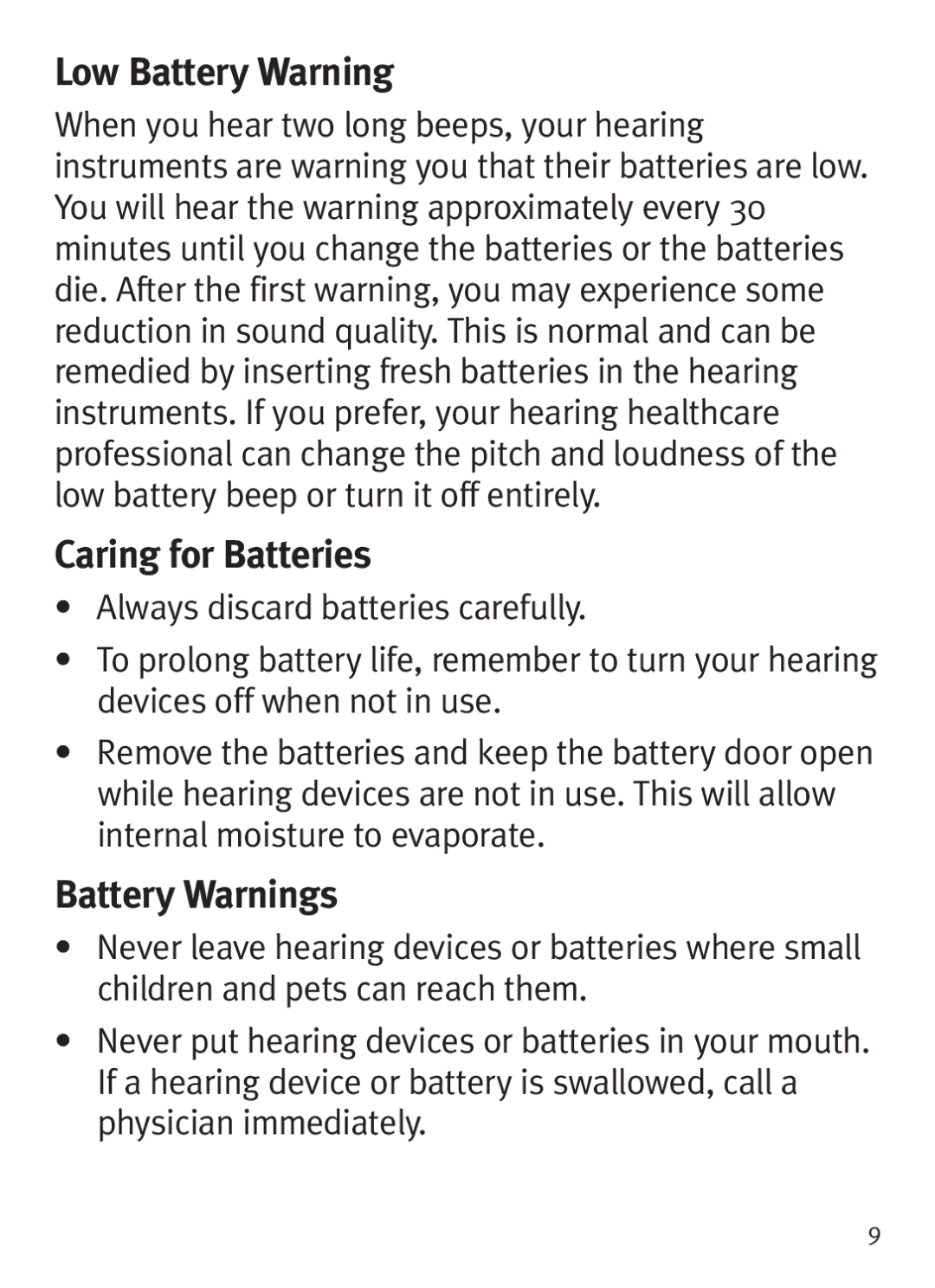 Unitron Hearing Aid BTE manual Low Battery Warning, Caring for Batteries, Battery Warnings 