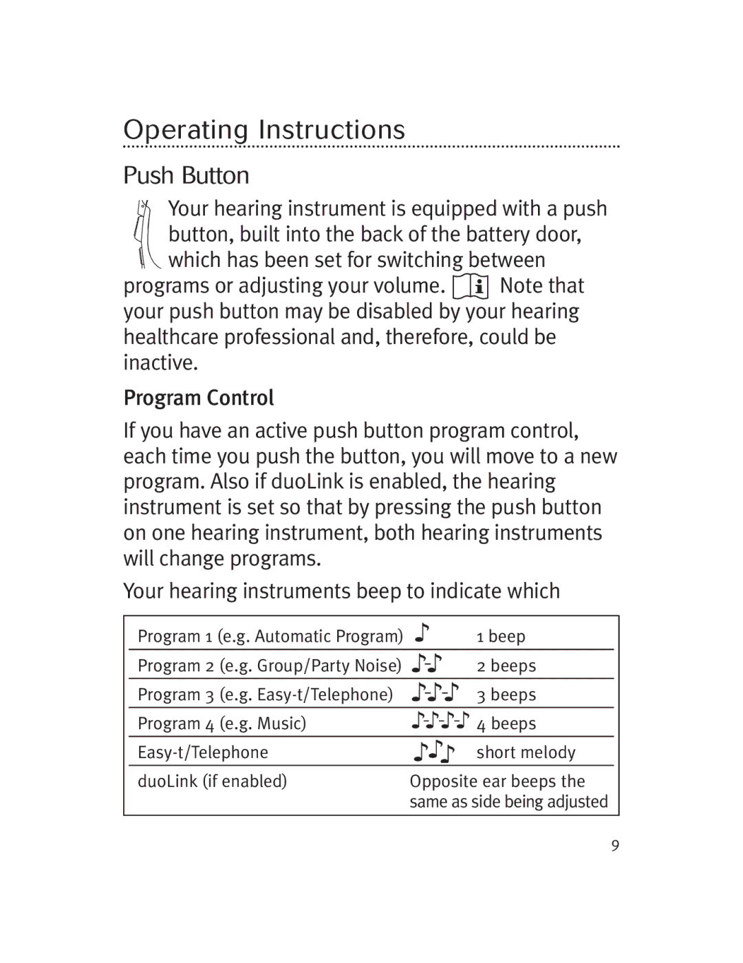 Unitron Hearing Aid Moda 13, Moxi 13 manual Operating Instructions, Push Button 