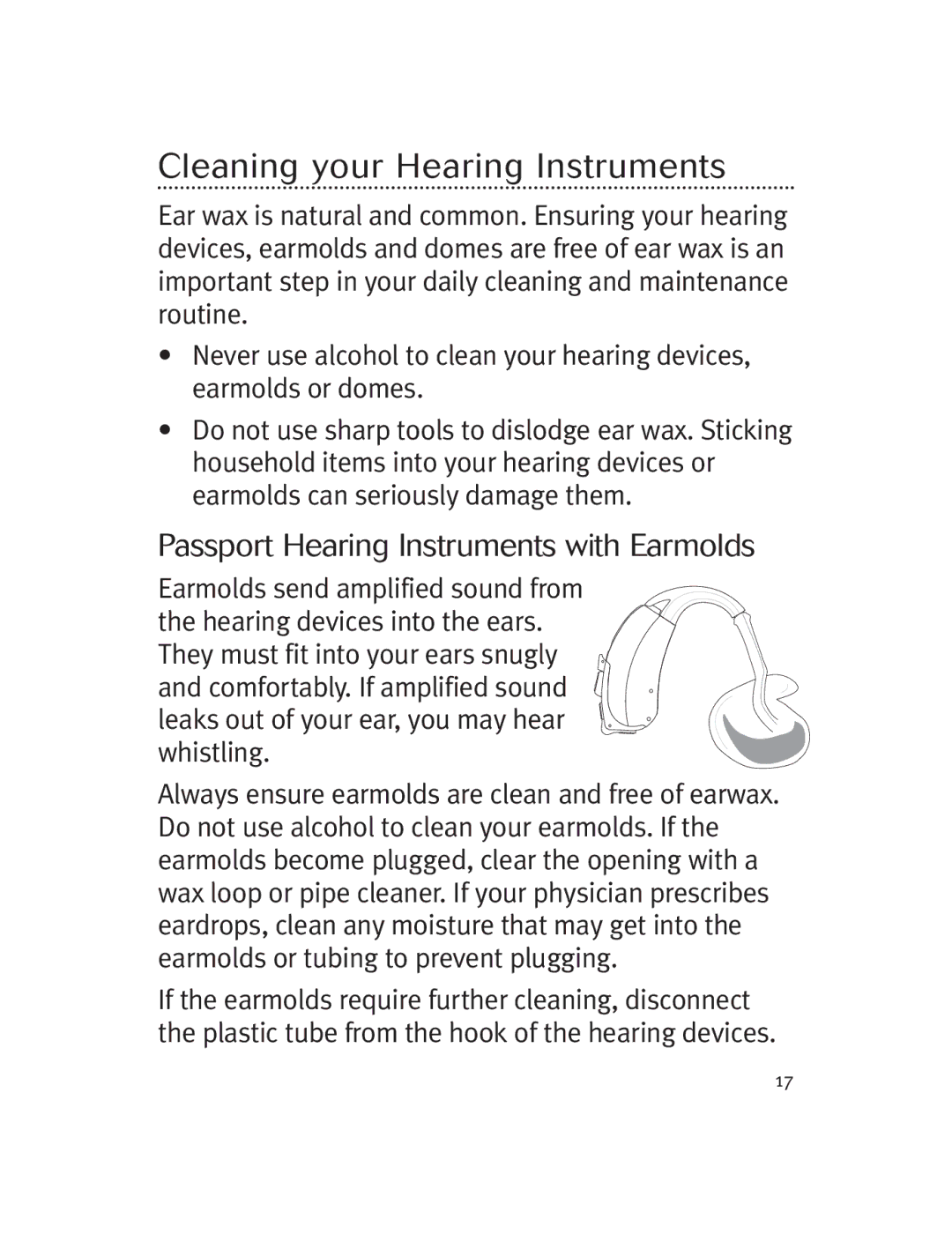 Unitron Hearing Aid Moda 13, Moxi 13 manual Cleaning your Hearing Instruments, Passport Hearing Instruments with Earmolds 