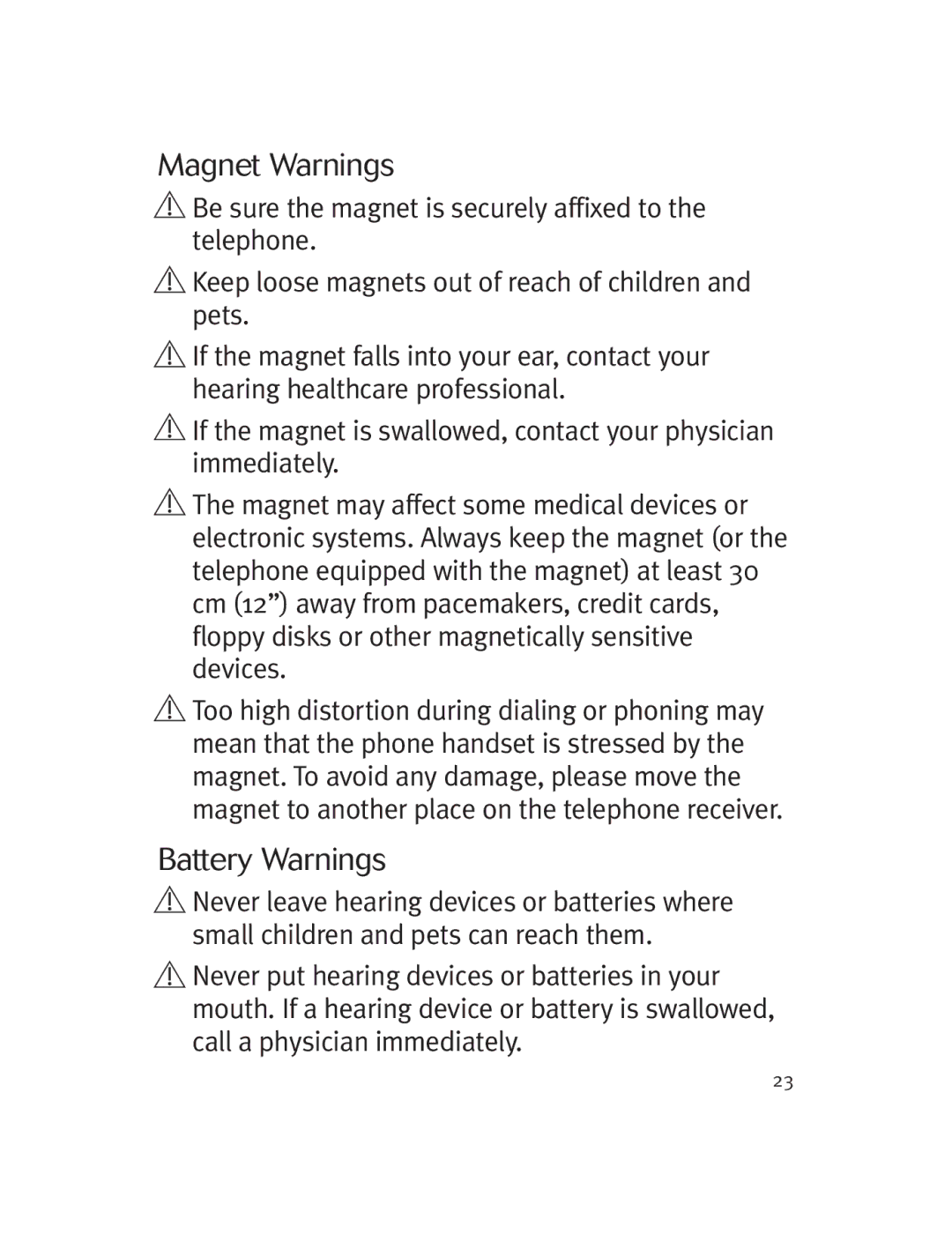 Unitron Hearing Aid Moda 13, Moxi 13 manual Magnet Warnings, Battery Warnings 