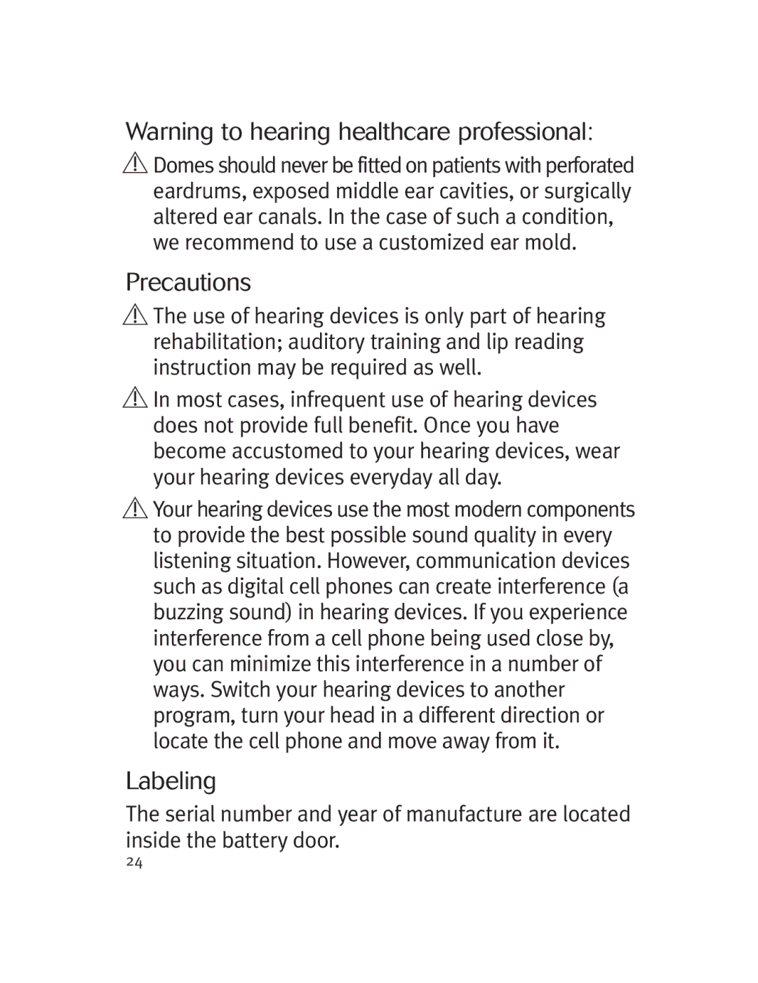 Unitron Hearing Aid Moxi 13, Moda 13 manual Precautions, Labeling 