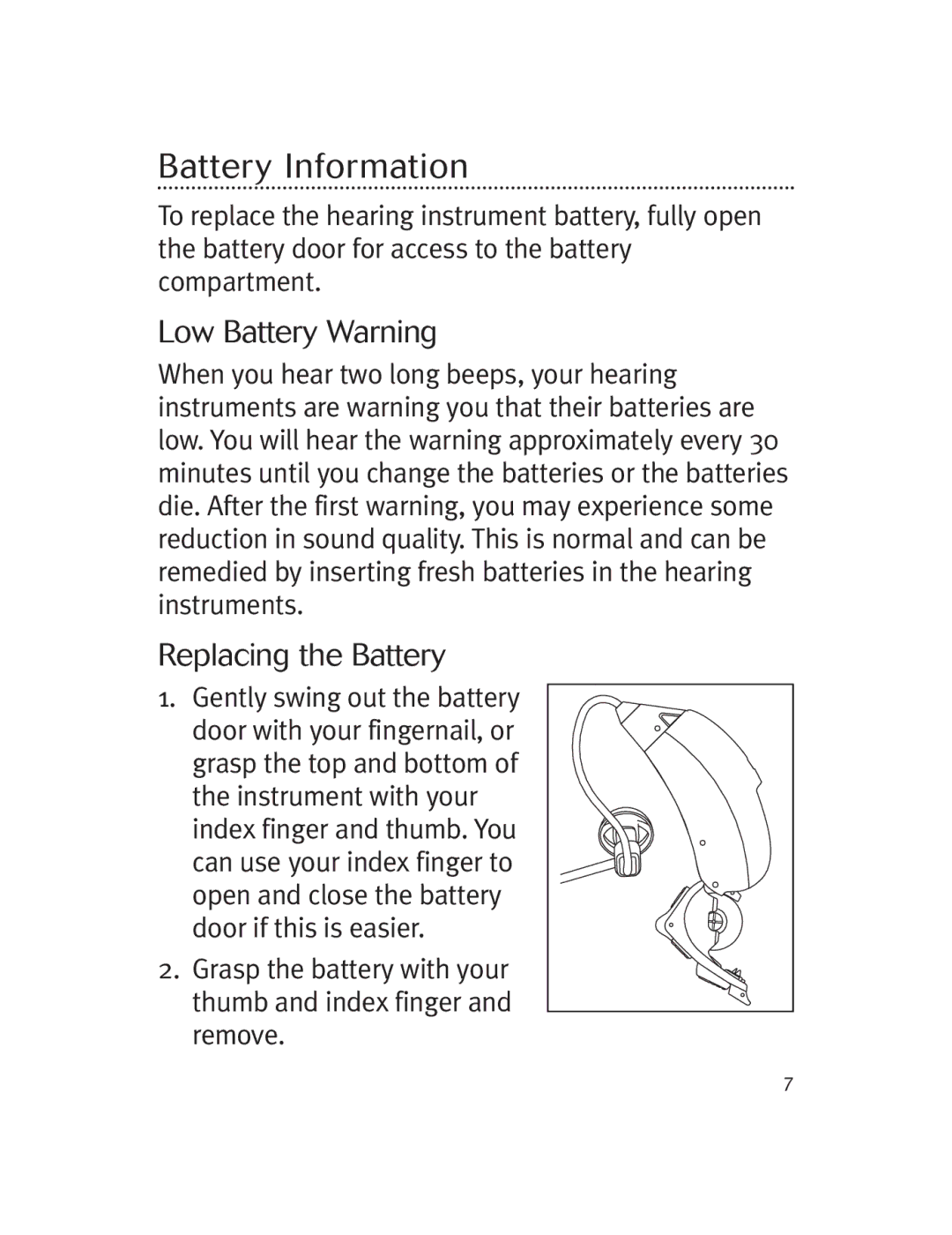 Unitron Hearing Aid Moda 13, Moxi 13 manual Battery Information, Low Battery Warning, Replacing the Battery 