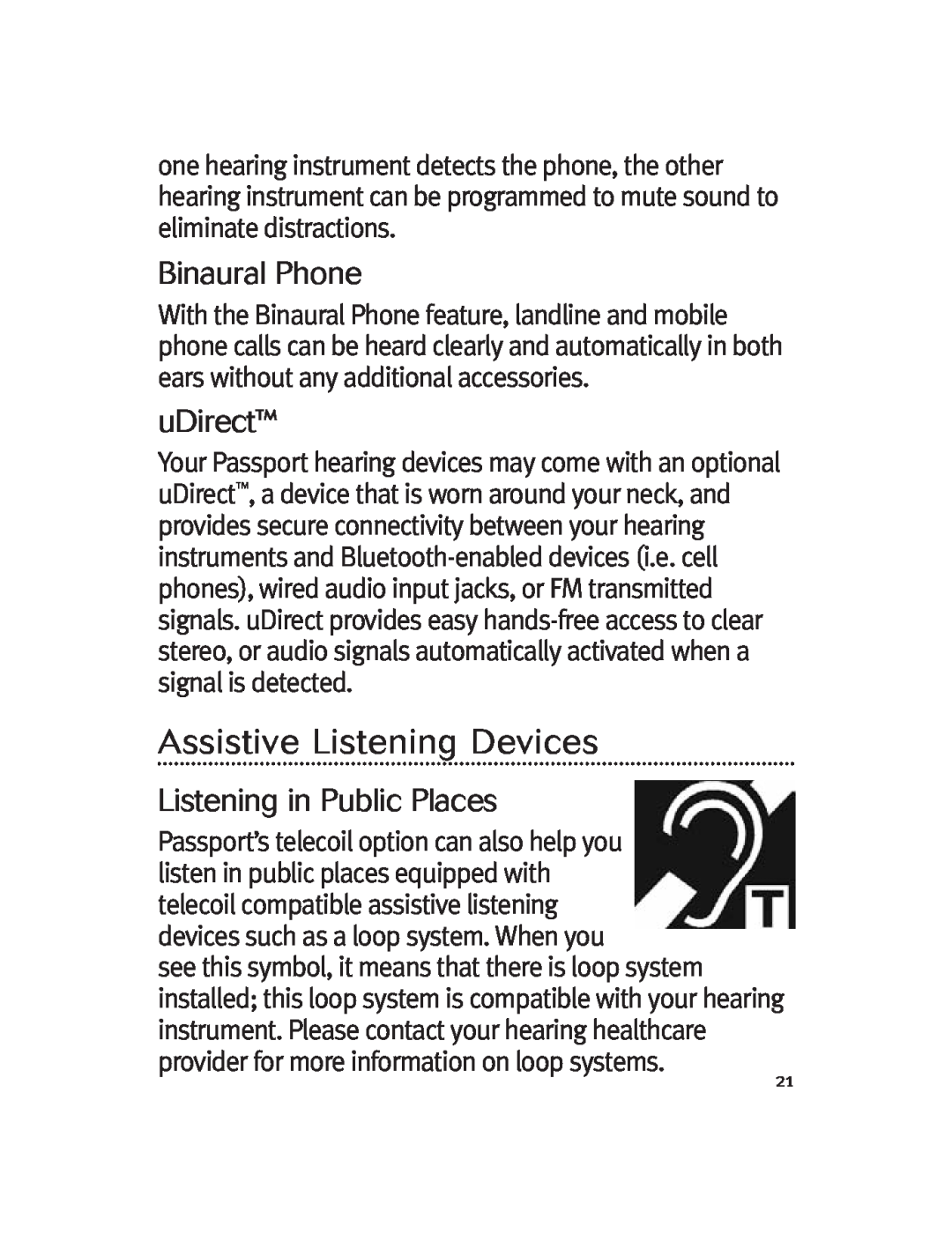 Unitron Hearing Aid Moda 13, Moxi 13 manual Assistive Listening Devices, Binaural Phone, uDirect, Listening in Public Places 