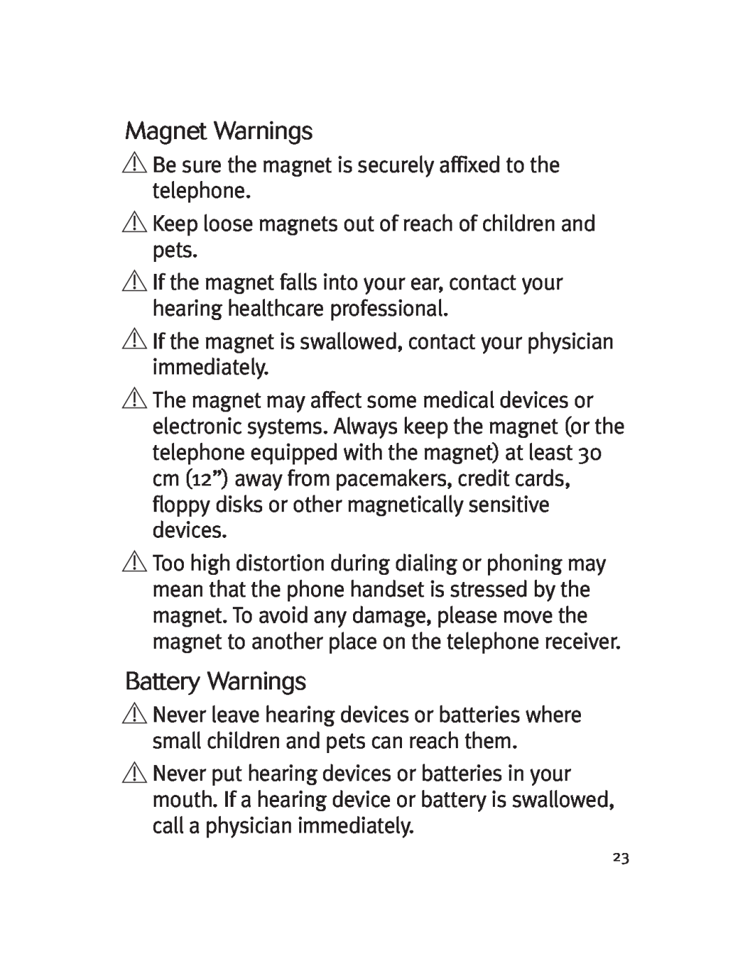 Unitron Hearing Aid Moda 13, Moxi 13 manual Magnet Warnings, Battery Warnings 