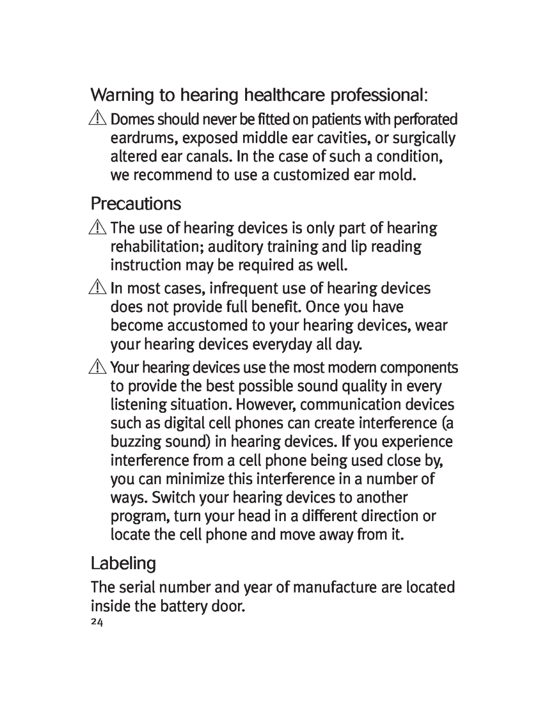 Unitron Hearing Aid Moxi 13, Moda 13 manual Warning to hearing healthcare professional, Precautions, Labeling 
