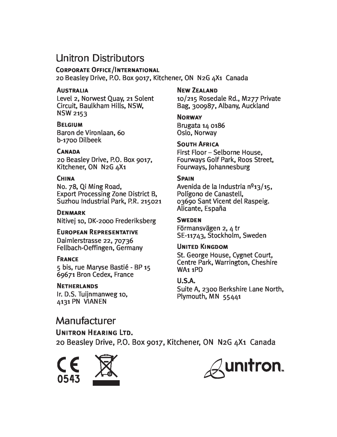 Unitron Hearing Aid Moda 13 Unitron Distributors, Manufacturer, Beasley Drive, P.O. Box 9017, Kitchener, ON N2G 4X1 Canada 