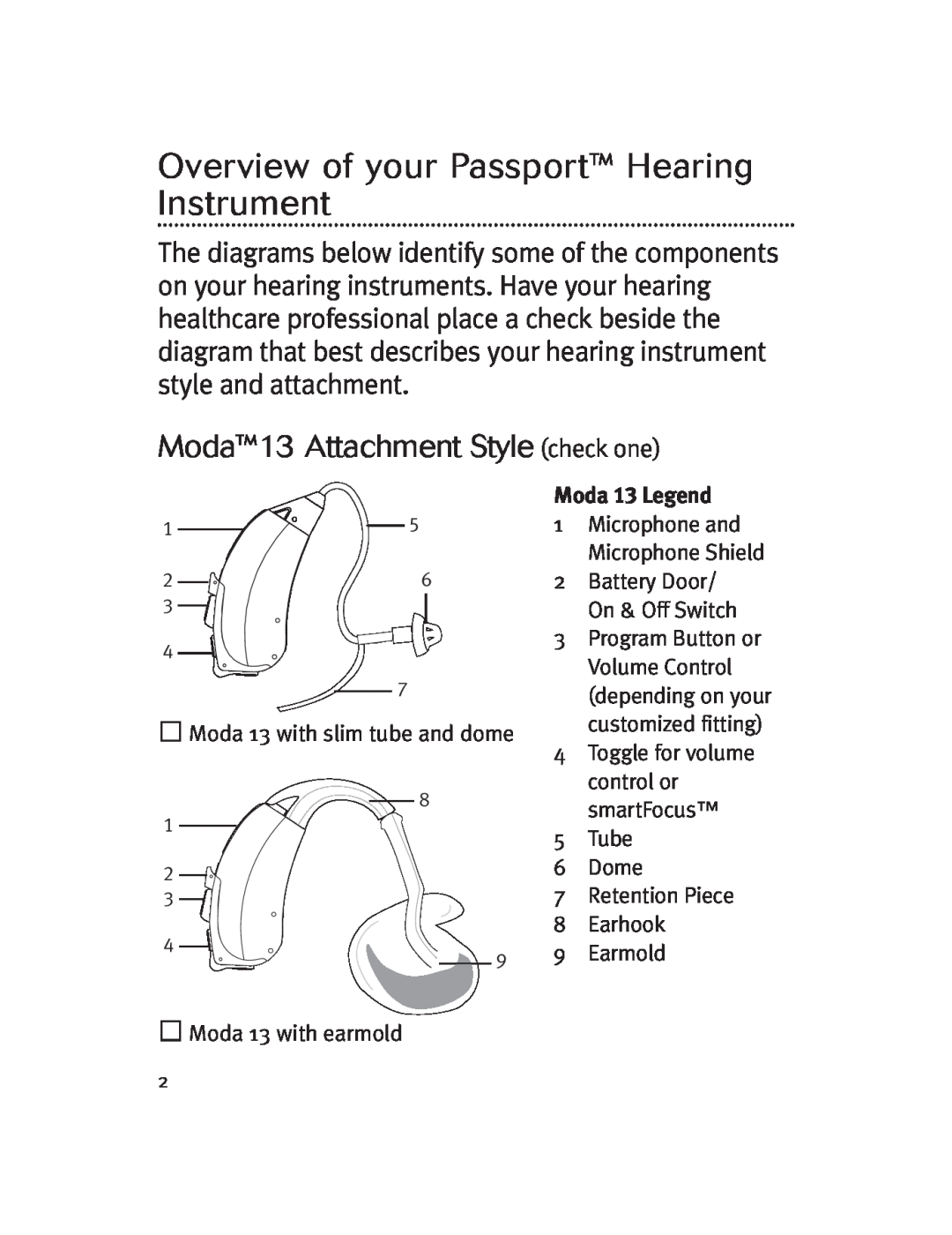 Unitron Hearing Aid Moxi 13, Moda 13 manual Overview of your Passport Hearing Instrument, Moda13 Attachment Style check one 