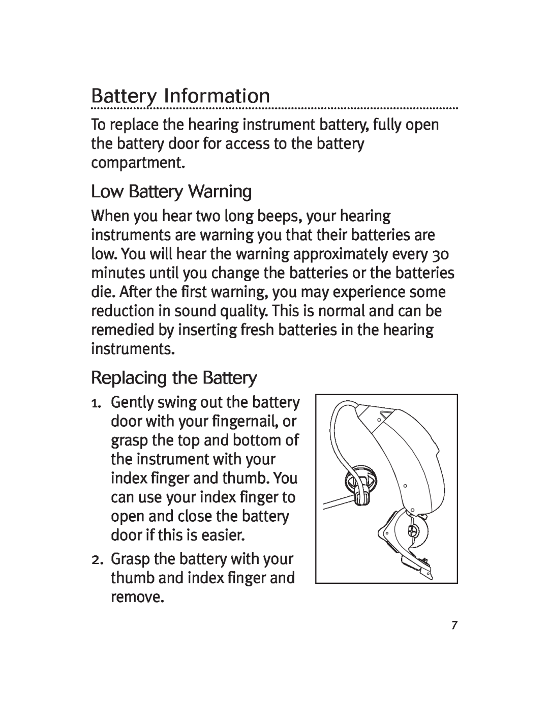 Unitron Hearing Aid Moda 13, Moxi 13 manual Battery Information, Low Battery Warning, Replacing the Battery 