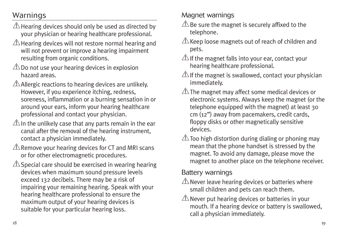 Unitron Hearing Aid Moxi 3G manual Magnet warnings, Battery warnings 