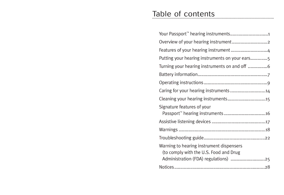 Unitron Hearing Aid Moxi 3G manual Table of contents 