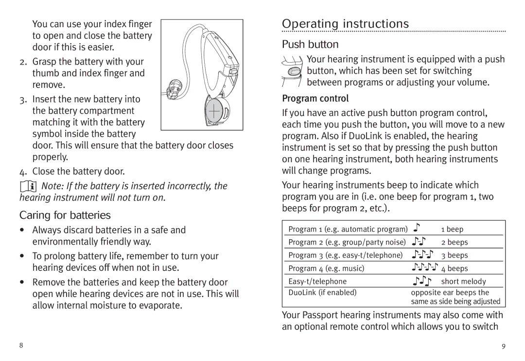 Unitron Hearing Aid Moxi 3G manual Operating instructions, Caring for batteries, Push button 