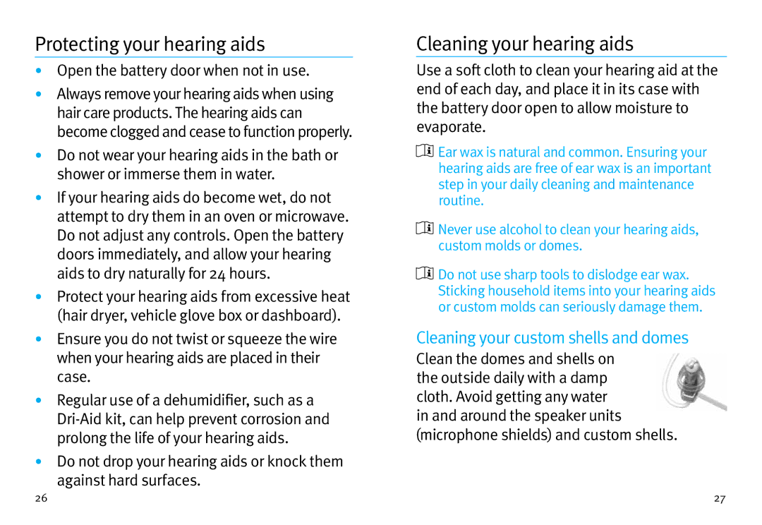 Unitron Hearing Aid Moxi2 Protecting your hearing aids, Cleaning your hearing aids, Cleaning your custom shells and domes 