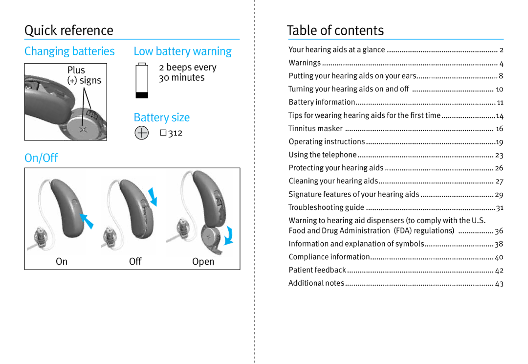 Unitron Hearing Aid Moxi2 Kiss manual Quick reference, Table of contents 