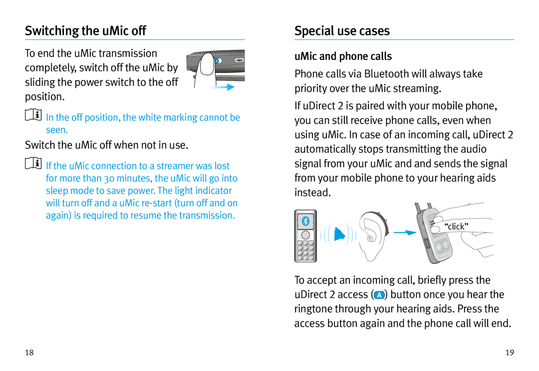 Unitron Hearing Aid UMIC manual Switching the uMic off, Special use cases, Switch the uMic off when not in use 