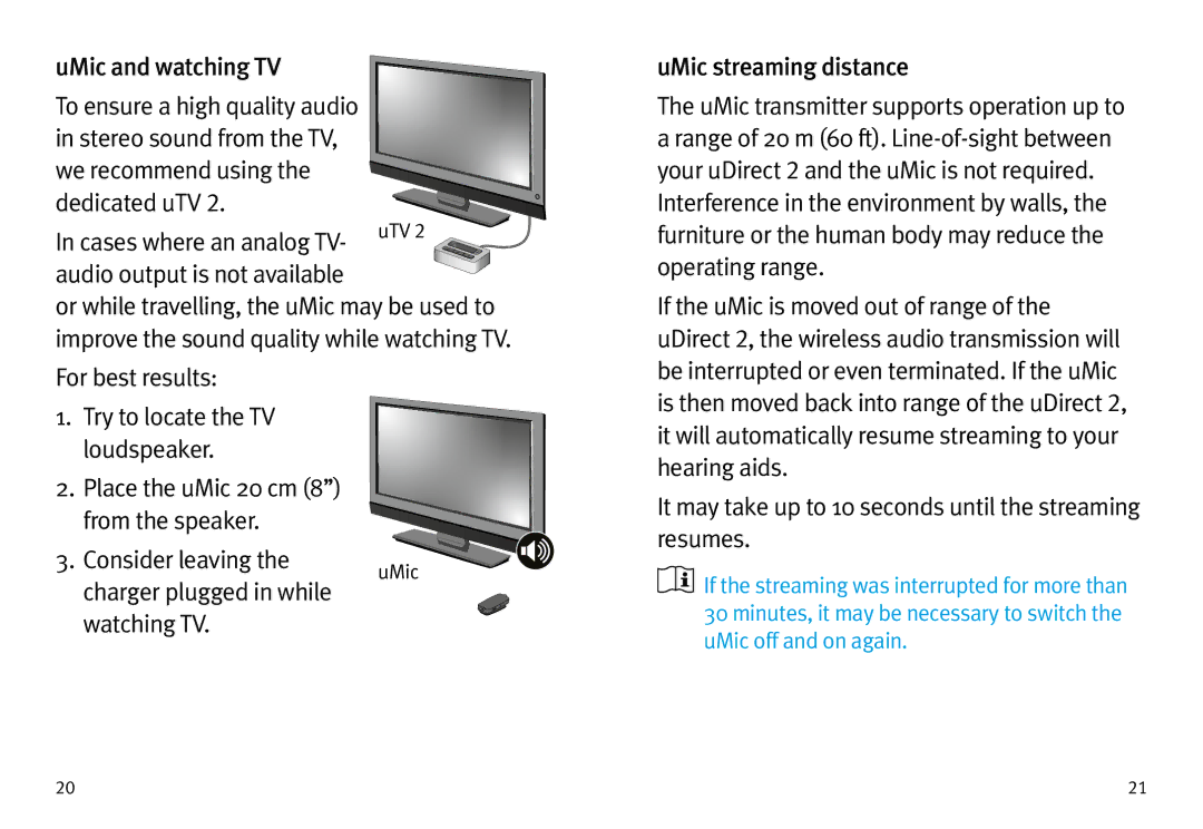 Unitron Hearing Aid UMIC manual UMic and watching TV, Dedicated uTV, Charger plugged in while 