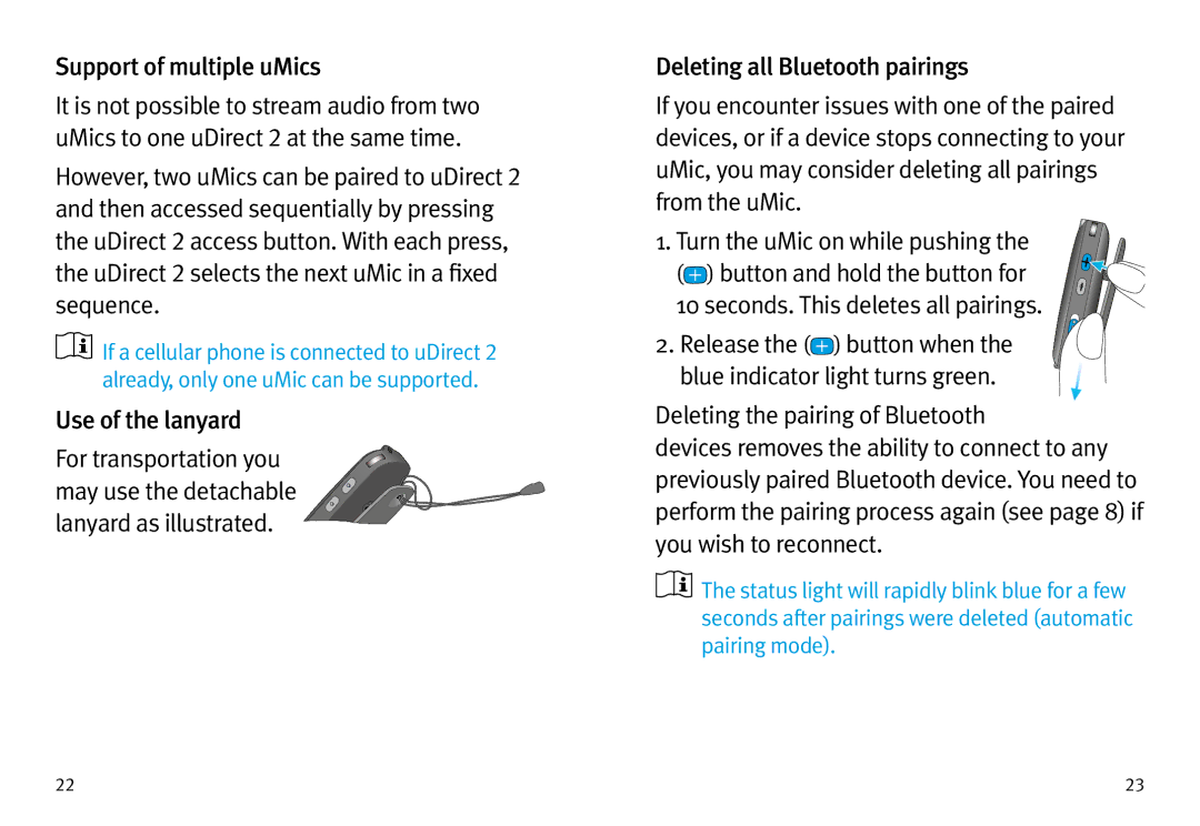 Unitron Hearing Aid UMIC manual Support of multiple uMics, Use of the lanyard 