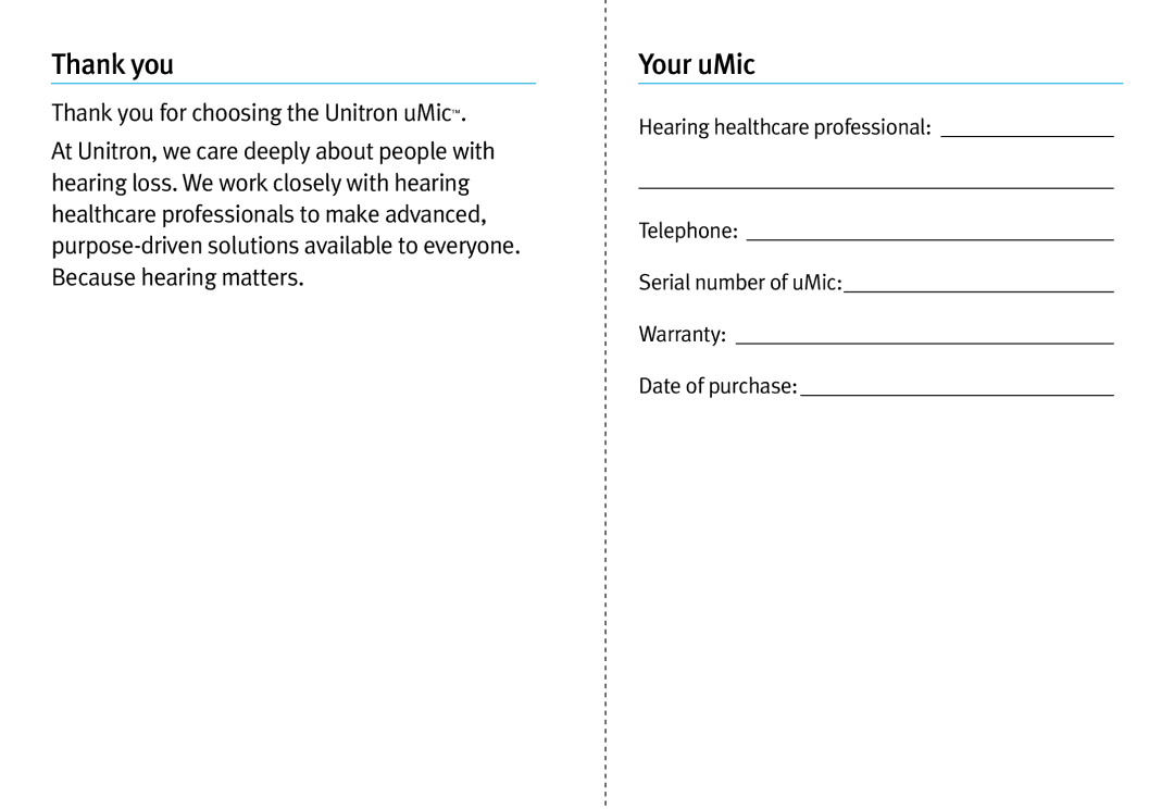 Unitron Hearing Aid UMIC manual Your uMic, Thank you for choosing the Unitron uMic 