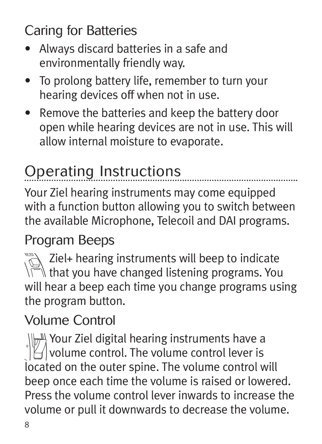 Unitron Hearing Aid Ziel BTE manual Operating Instruc tions, Caring for Batteries, Program Beeps, Volume Control 