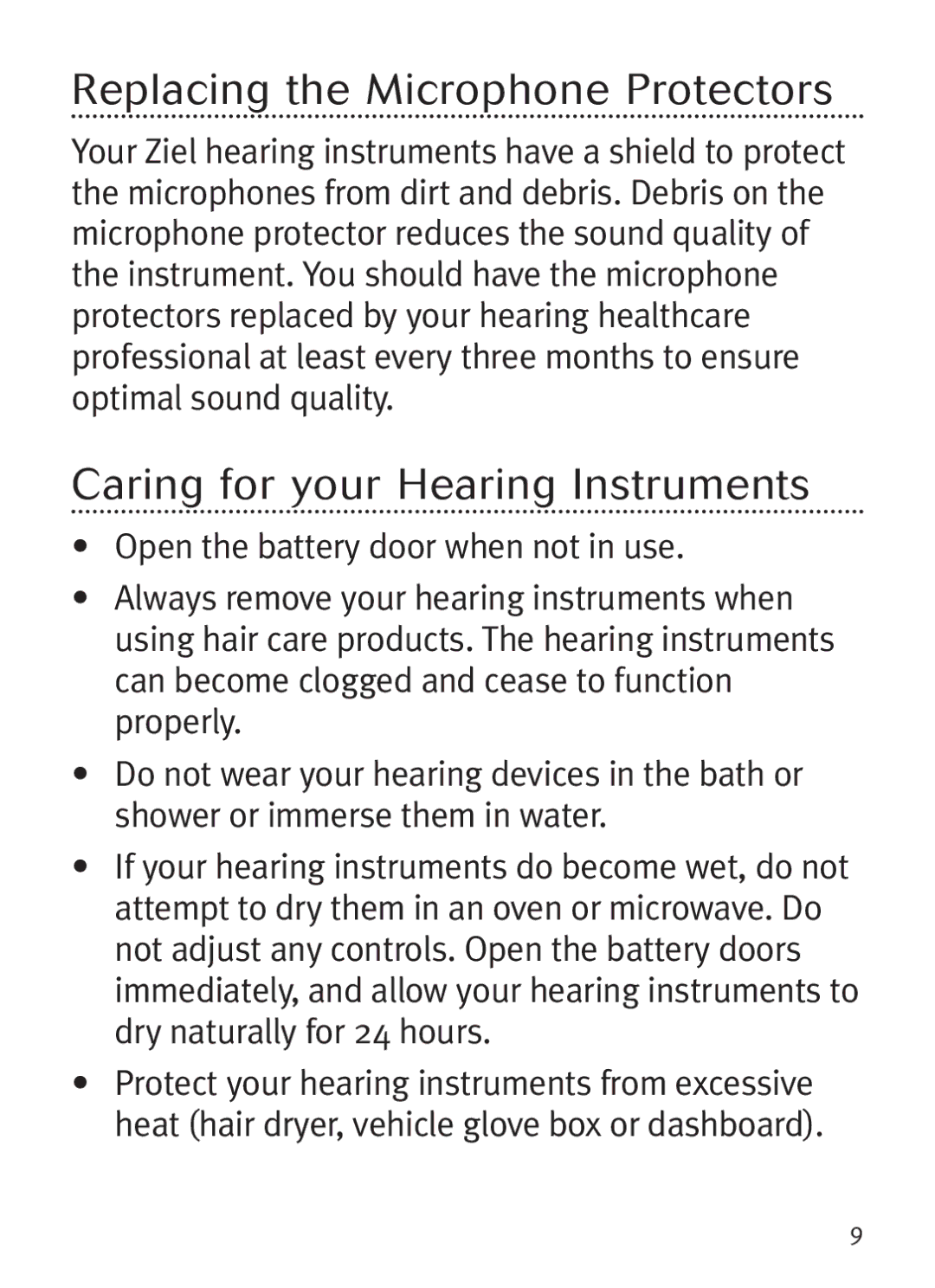 Unitron Hearing Aid Ziel BTE manual Replacin g the Microphone Protectors, Caring for your Hearin g Instruments 