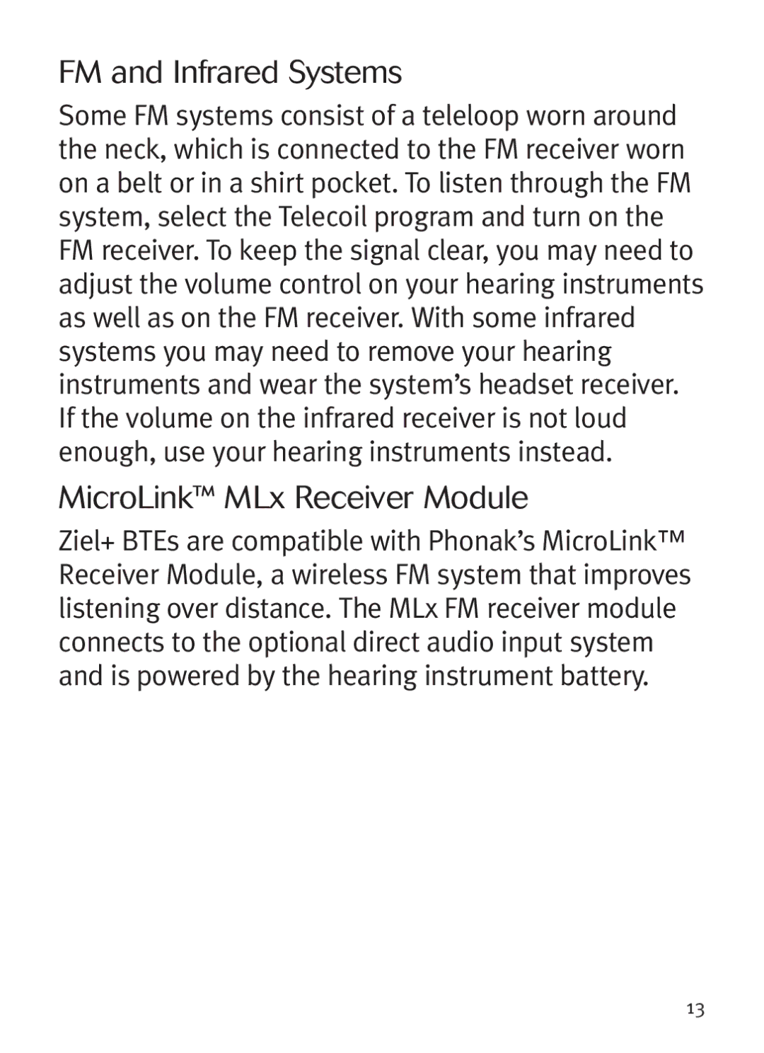 Unitron Hearing Aid Ziel BTE manual FM and Infrared Systems, MicroLink MLx Receiver Module 