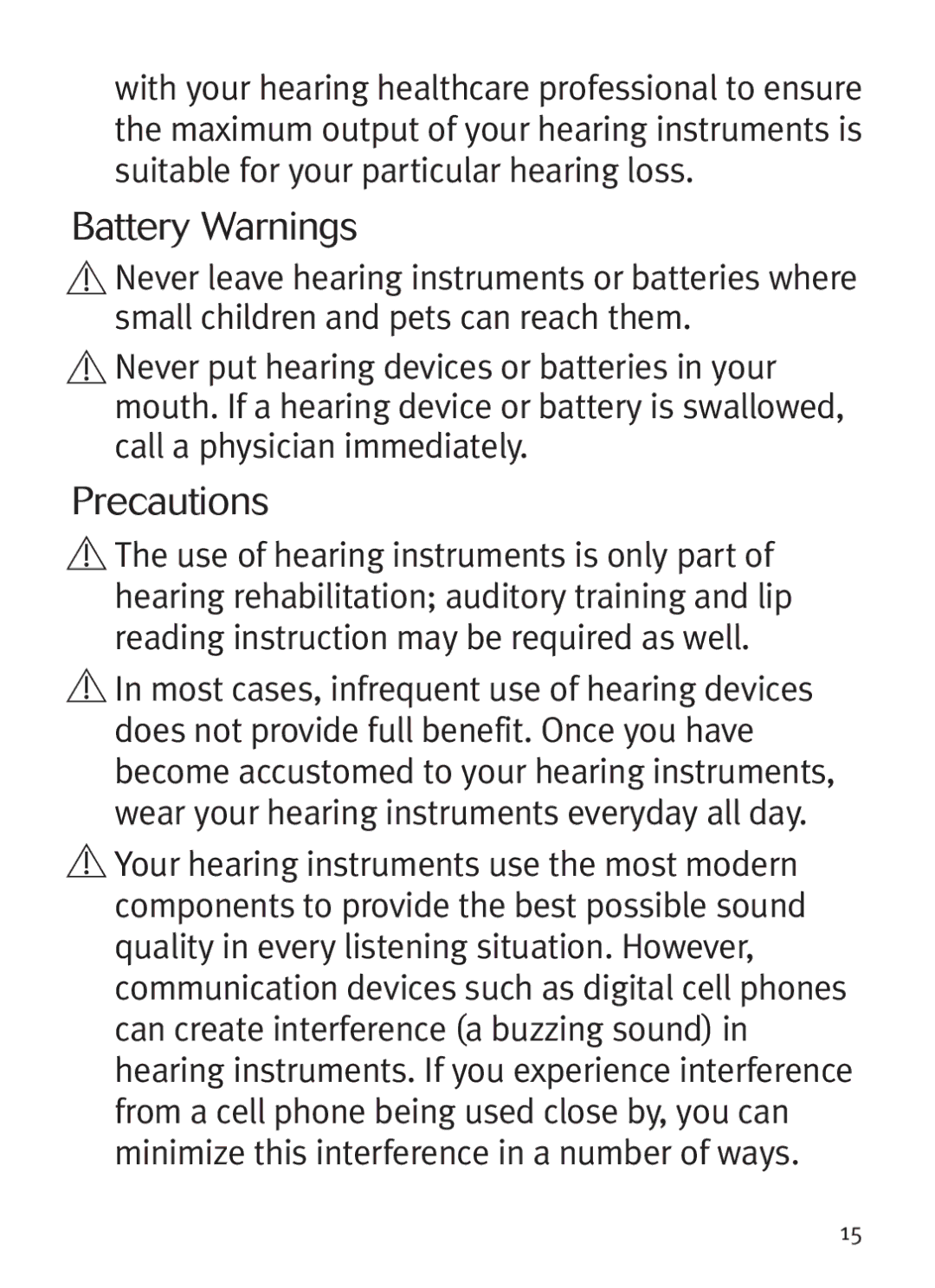 Unitron Hearing Aid Ziel BTE manual Battery Warnings, Precautions 